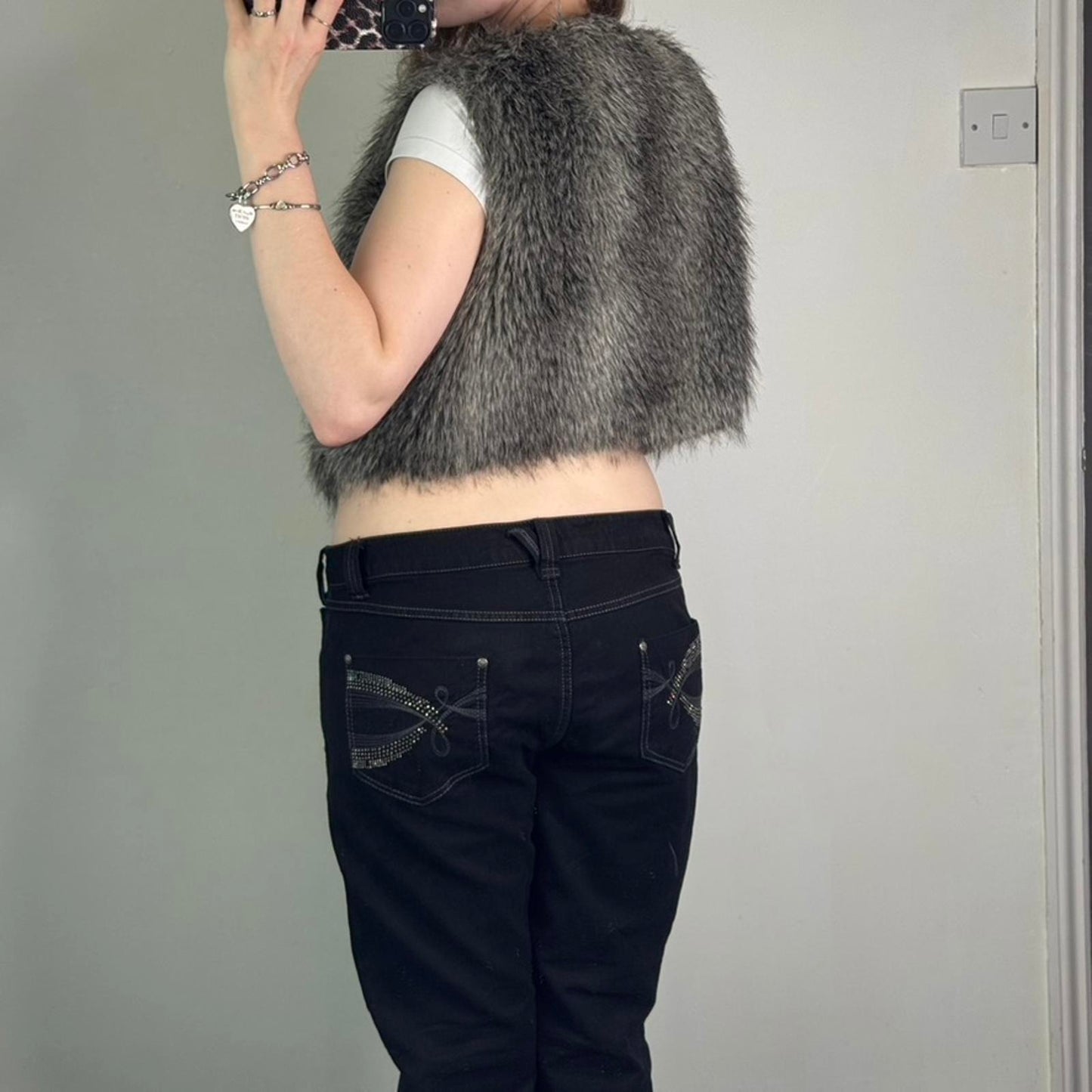 Y2K vintage grey faux fur sleeveless gilet jacket pom poms bow cropped v neck