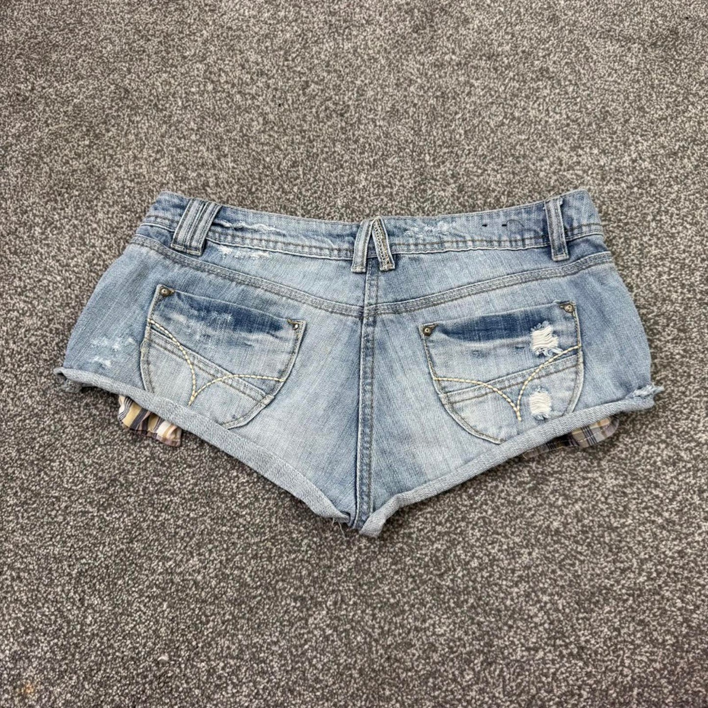 Y2K vintage low rise micro mini shorts hot pants distressed light blue wash