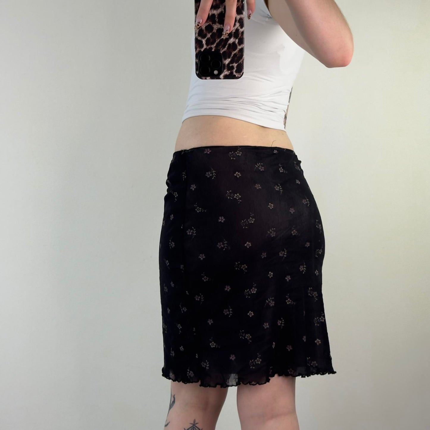 Y2K vintage stretchy mesh midi skirt black with lilac flowers floral print