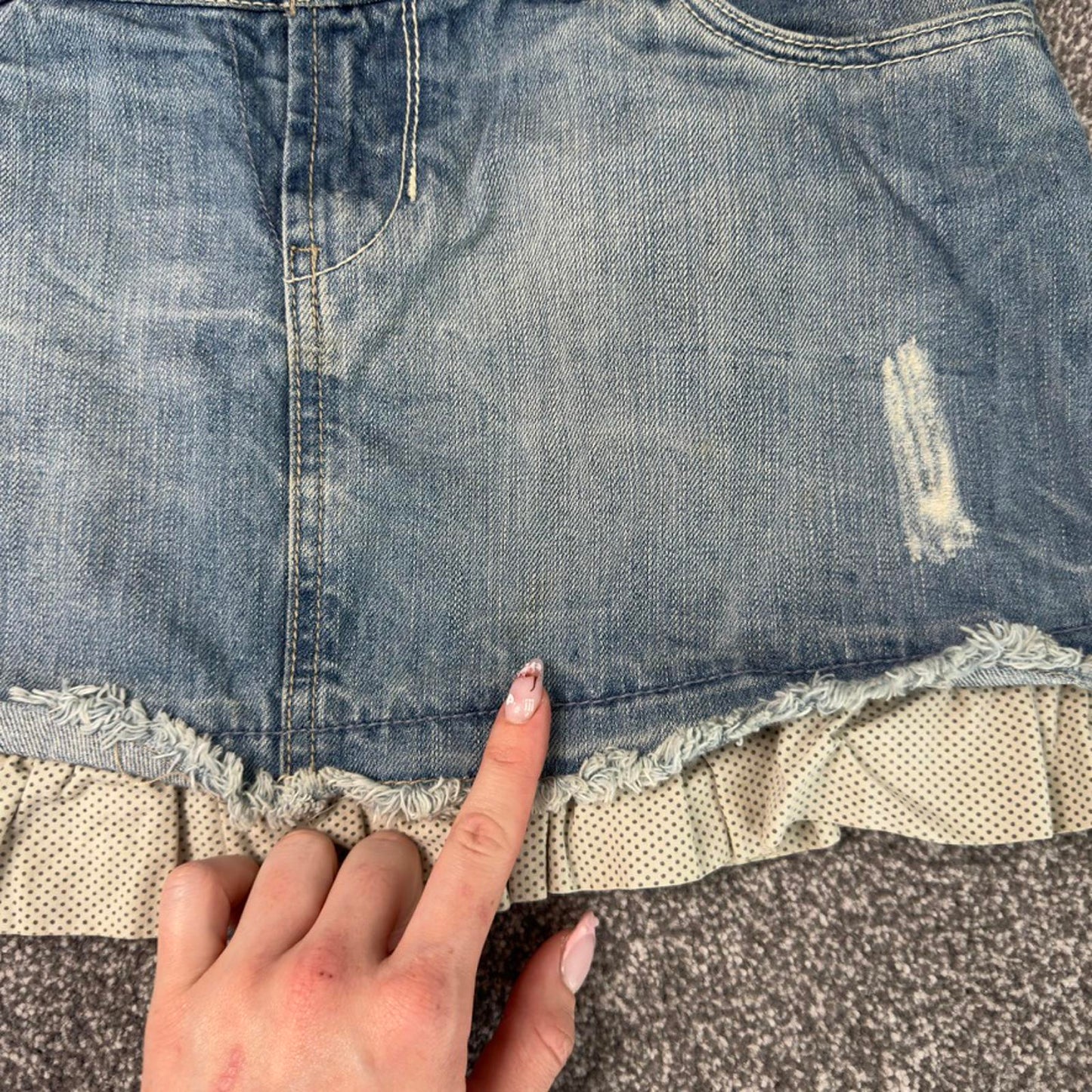Y2K vintage polka dot hem distressed denim mini skirt coquette summer mid rise