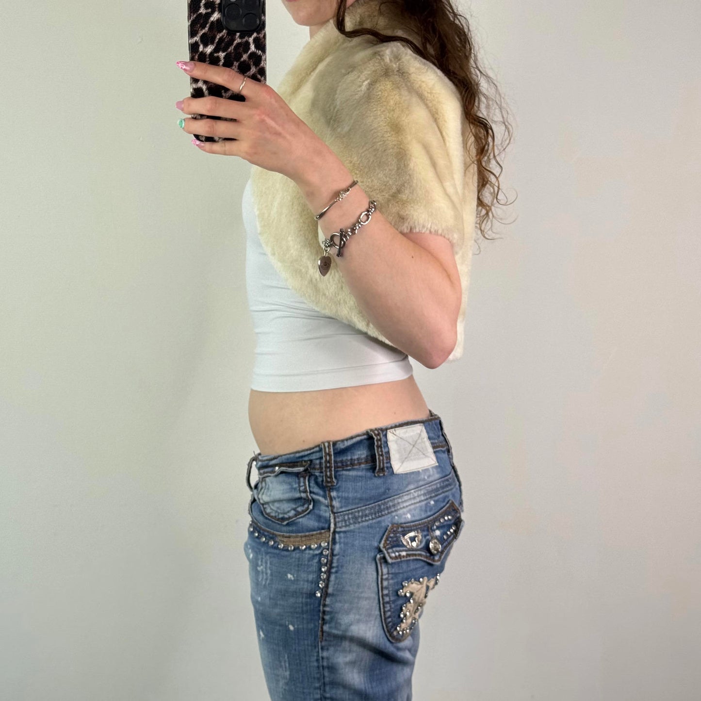 Y2K vintage faux fur open front cropped jacket short sleeve