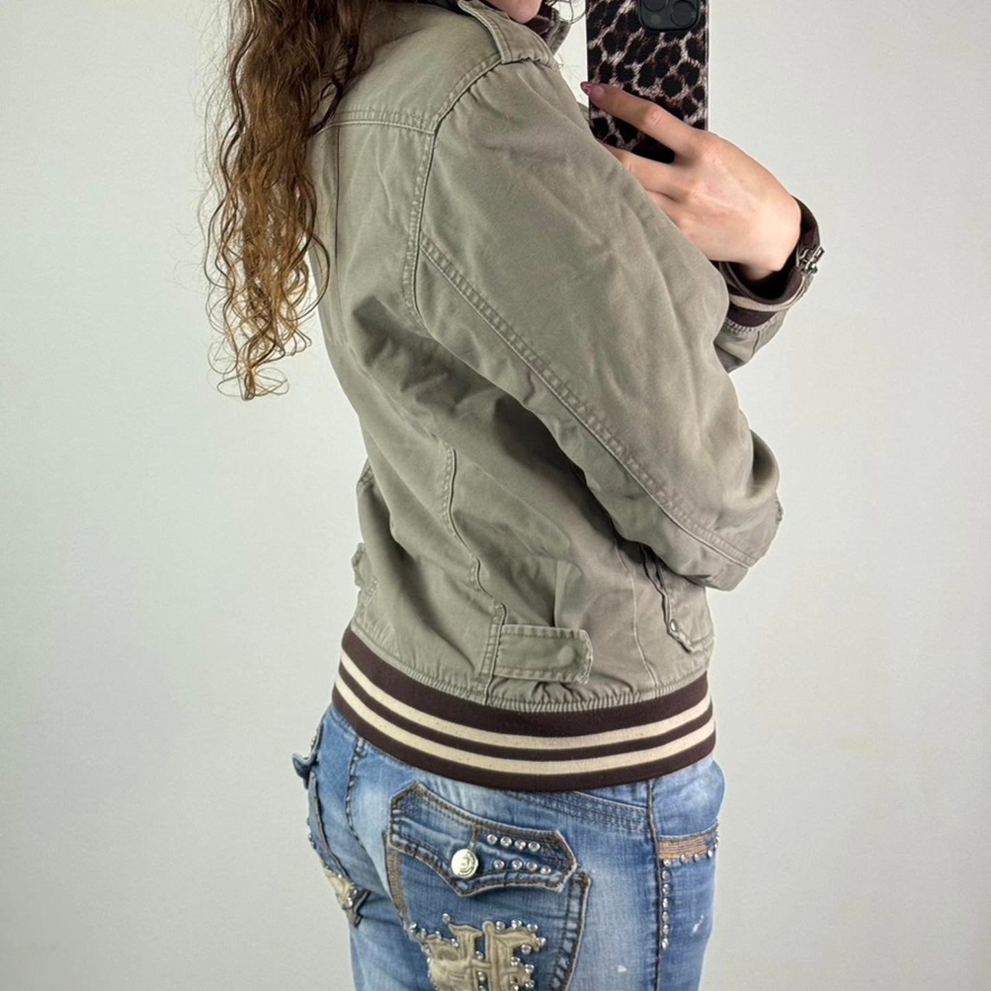 Y2K vintage denim zip button up bomber jacket stripe knit high neck unisex cargo