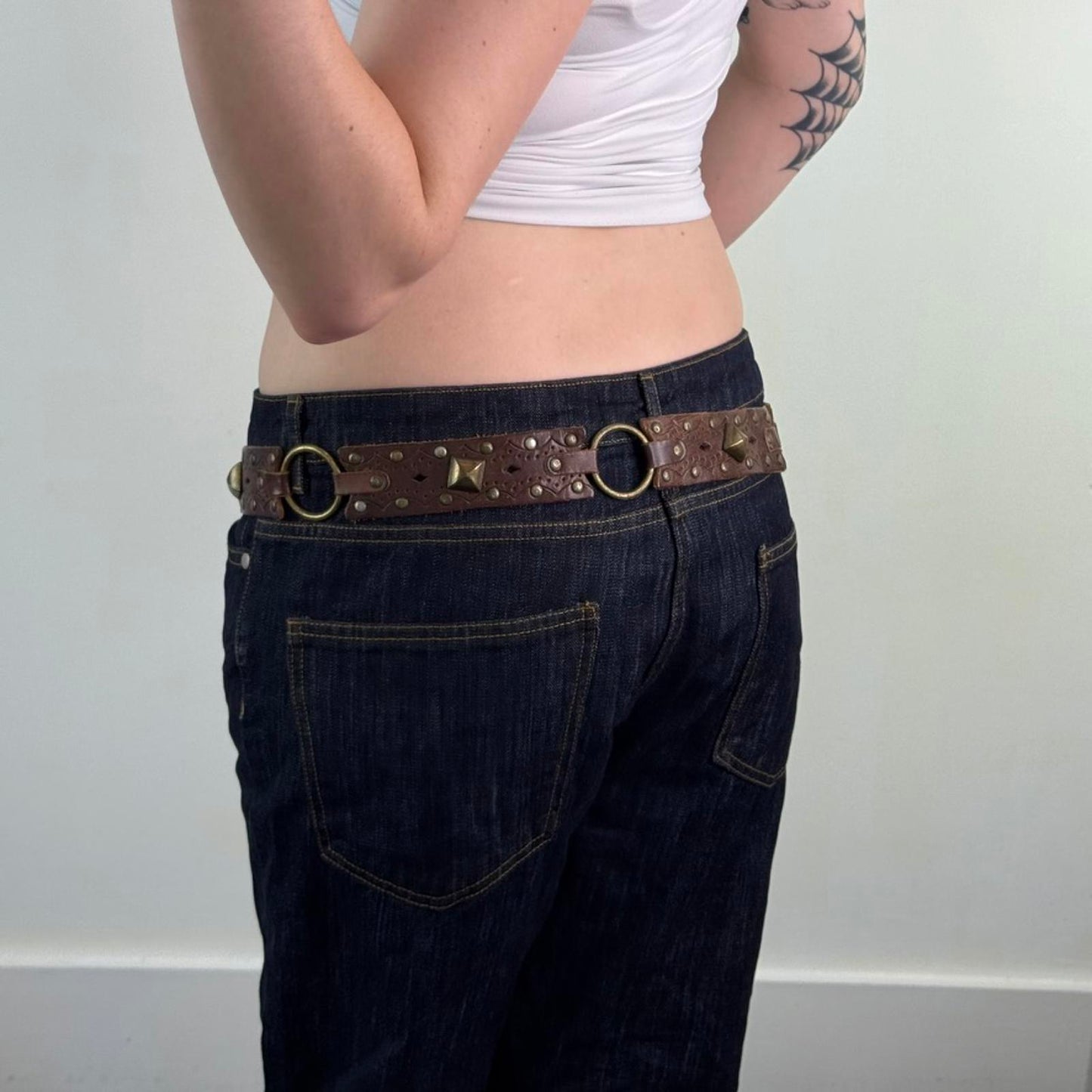 Y2K vintage genuine leather big buckle rhinestone belt brown o ring western