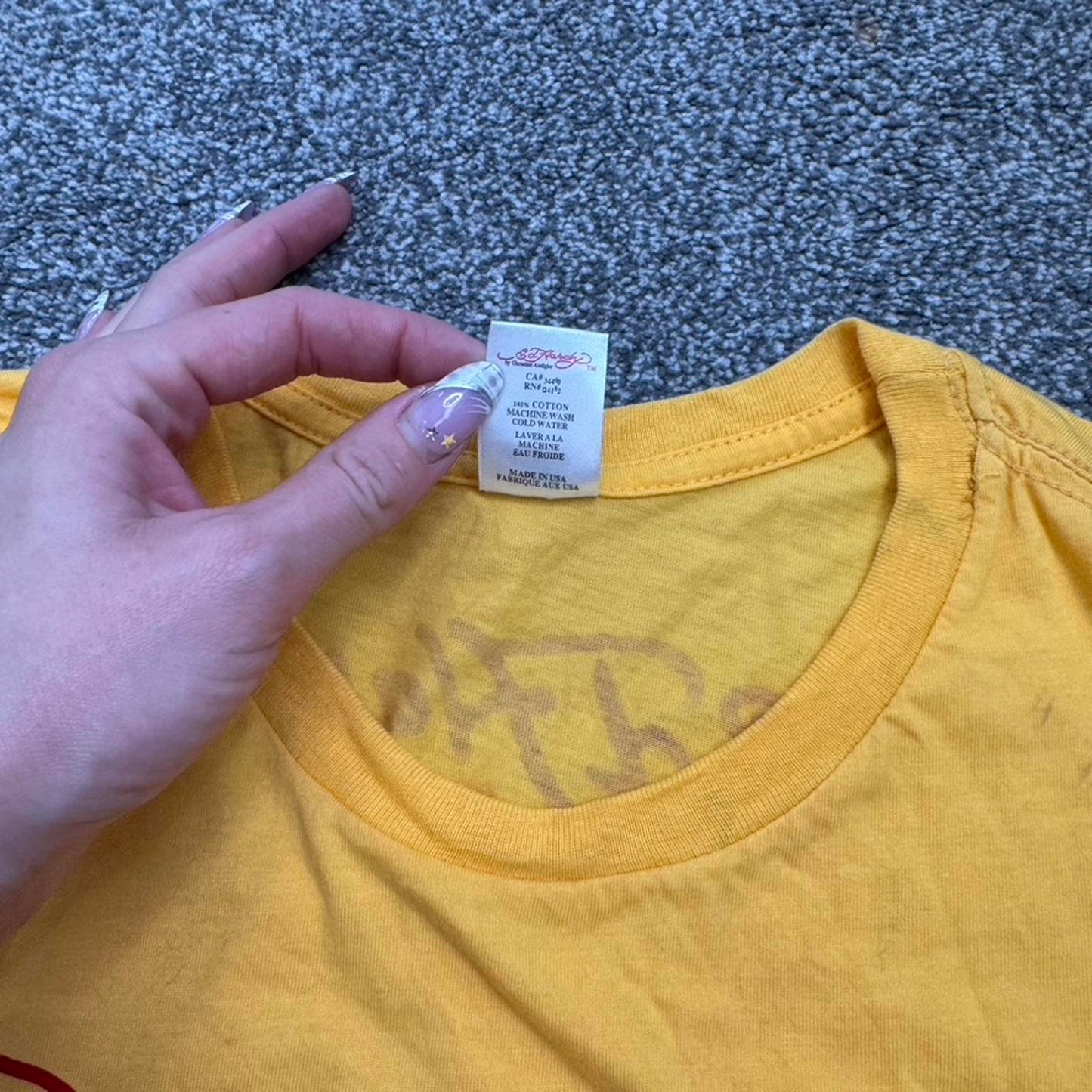 Y2K vintage Ed Hardy rhinestone short sleeve t shirt top yellow red rose graphic