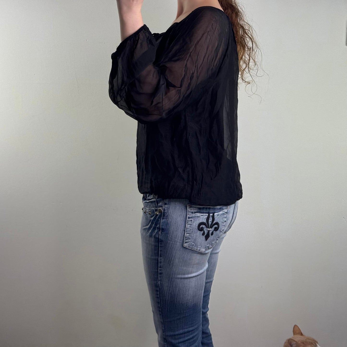 Y2K vintage 100% silk double layered long sleeve top slouchy bow keyhole