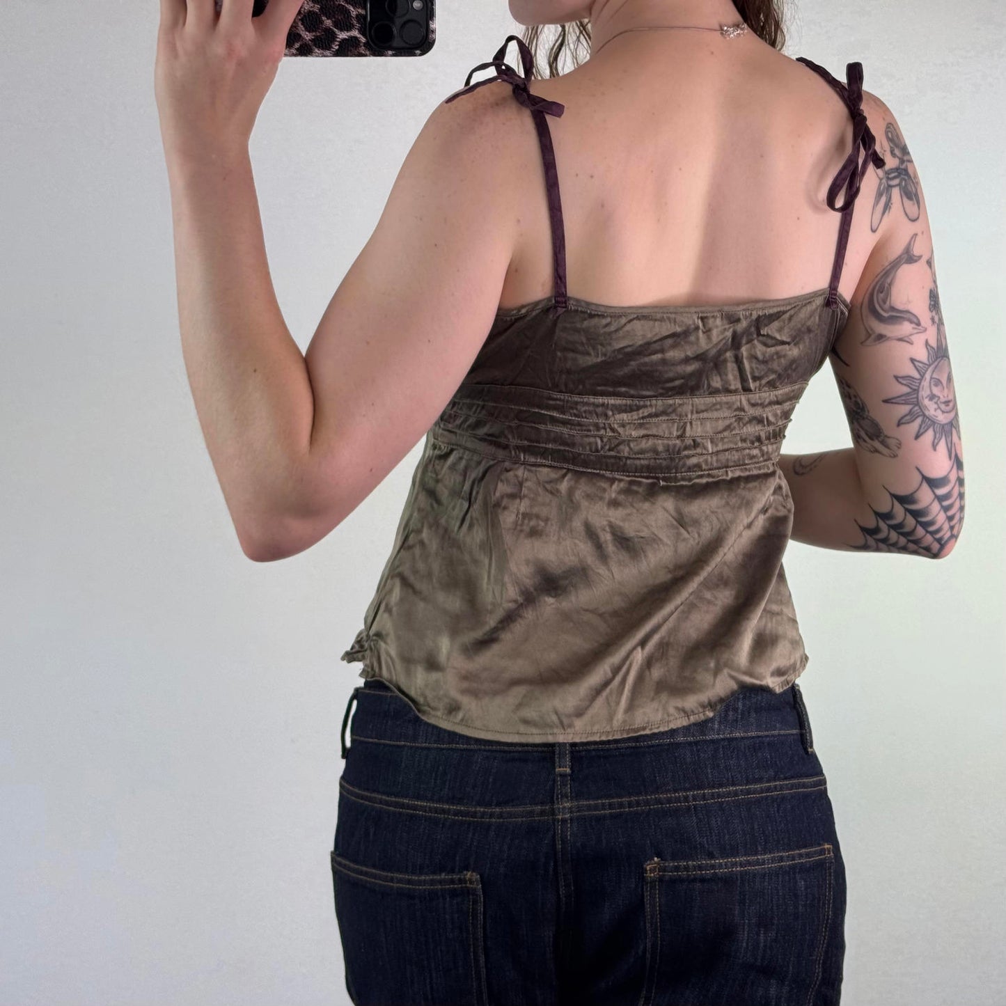 Y2K vintage part silk cami top flowy floaty adjustable bow straps khaki v neck
