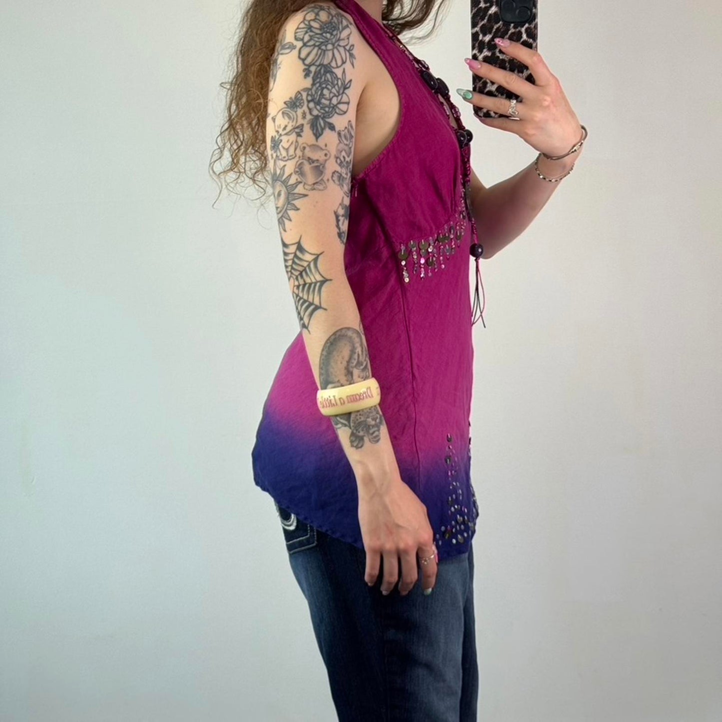 Y2K vintage 100% linen halter neck beaded sequin top v neck boho embellished M