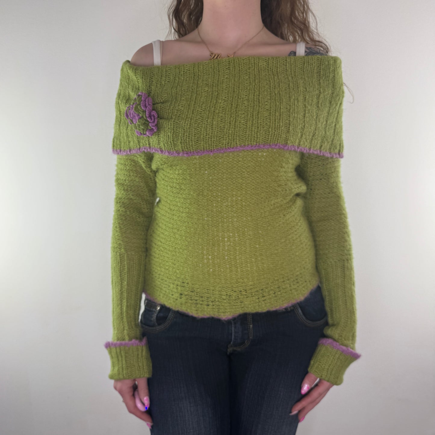 Y2K vintage off the shoulder flower knit jumper
