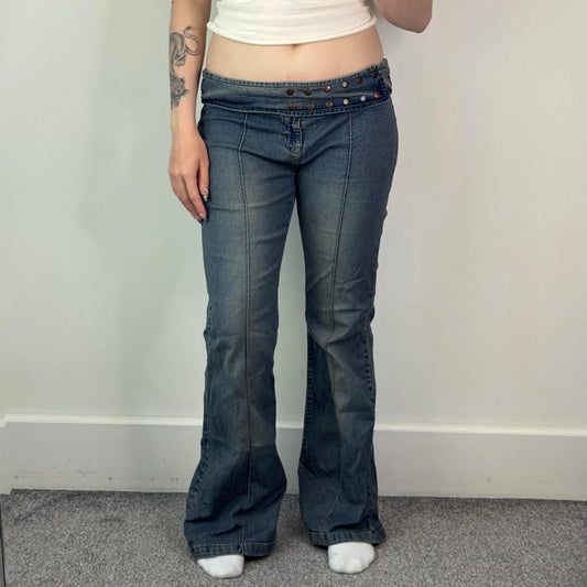 Y2K vintage stretchy low rise bootcut faded denim jeans popper studs belt