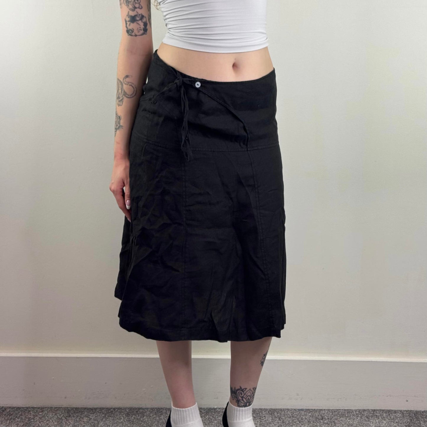 Y2K vintage 100% linen midi skirt wrap around knee length a line fit bow belt