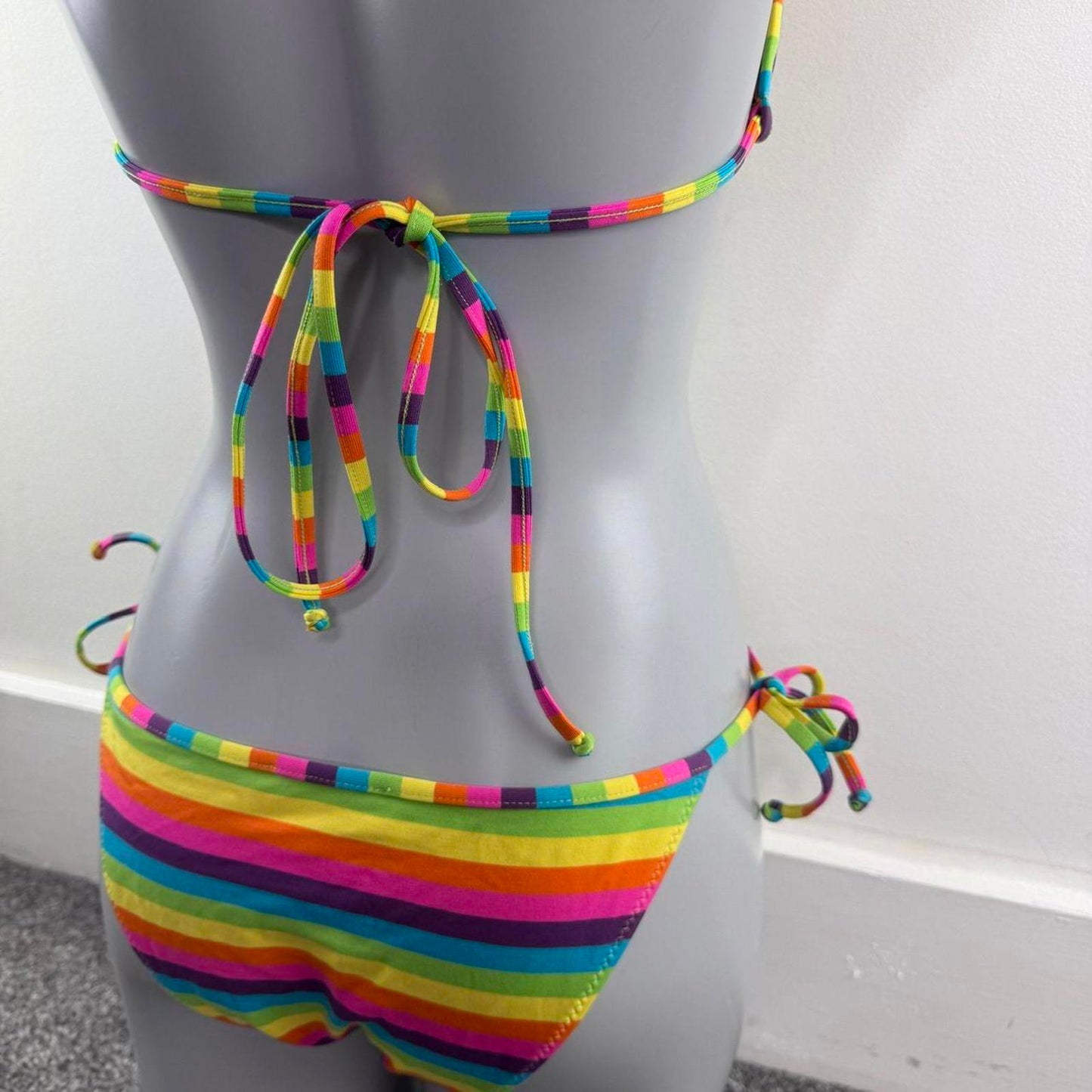 Rainbow stripe halter neck matching bikini set rainbow multi tie bow
