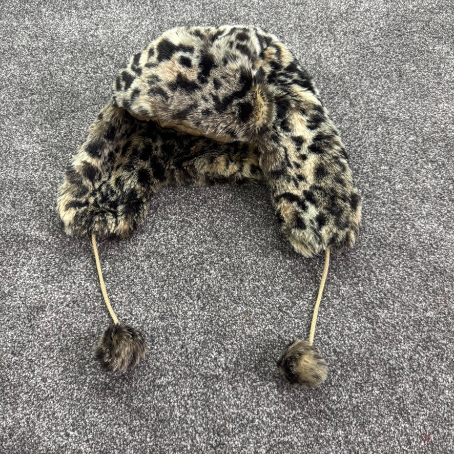 Y2K faux fur leopard print trapper hat pom poms