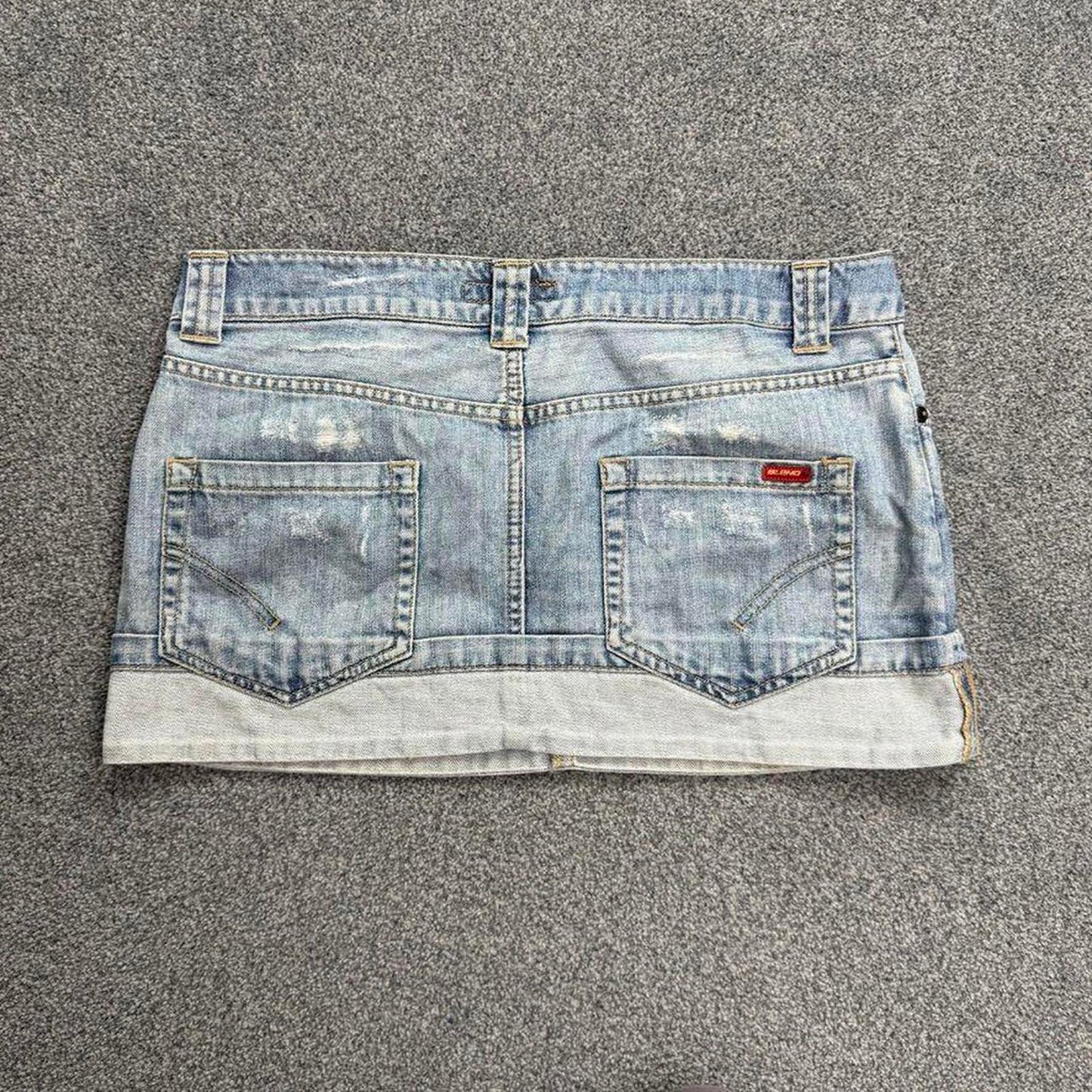Y2K vintage low rise distressed denim two tone mini skirt light blue wash
