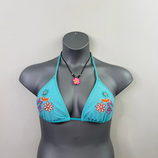 Y2K vintage halter neck bikini top floral embroidery blue padded bust