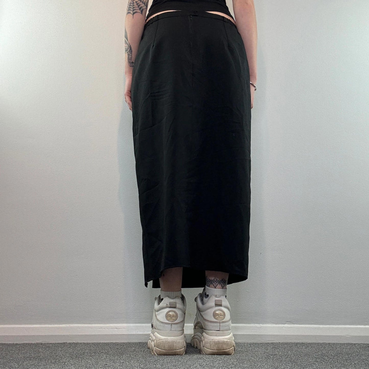 Y2K vintage rhinestone maxi skirt thigh side slit a line tailored black