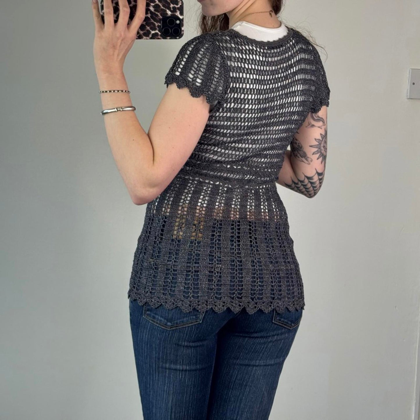 Y2K vintage crochet top sparkly knit short sleeve long length dark grey boho