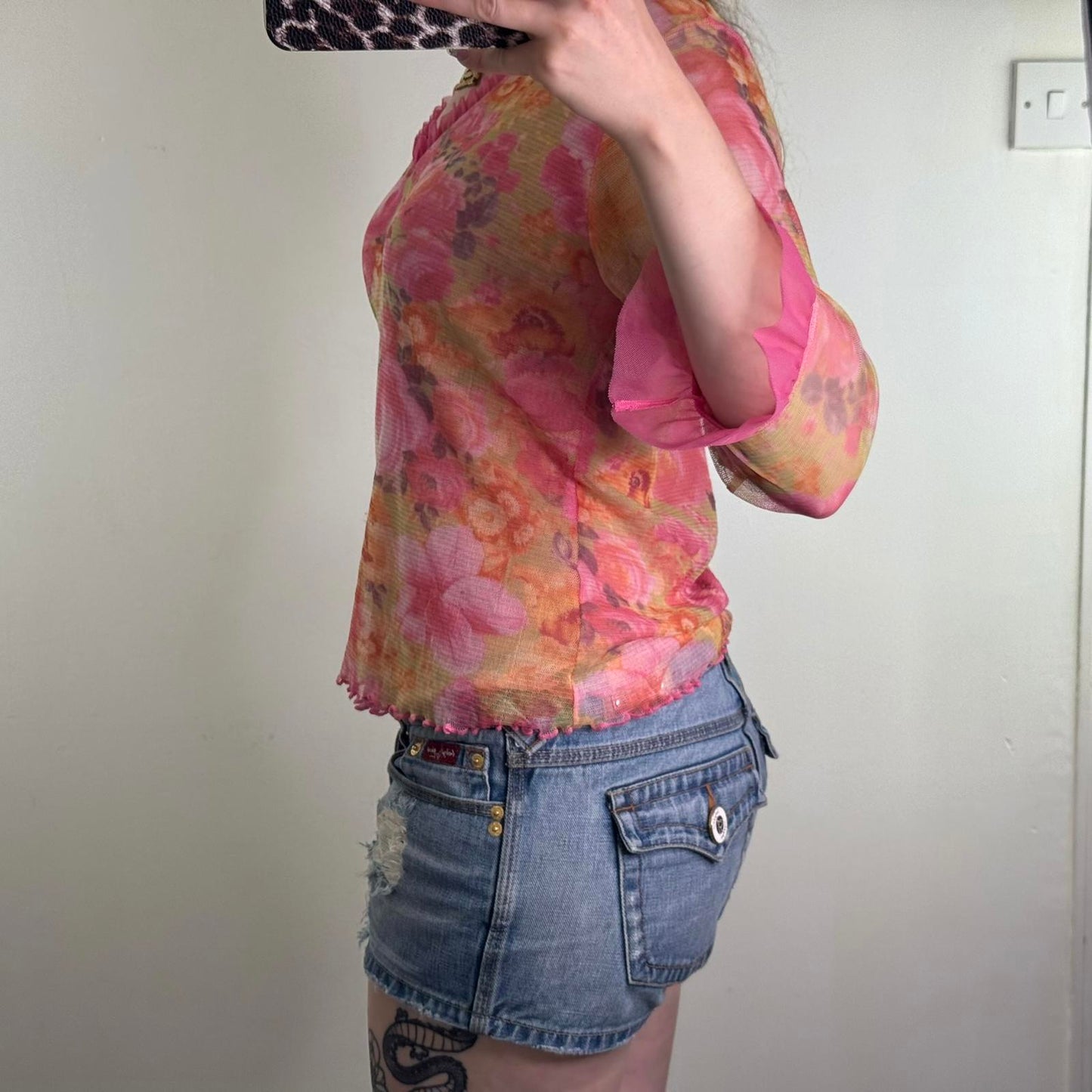 Y2K vintage floral double mesh overlay 3/4 sleeve top v neck frill pink orange