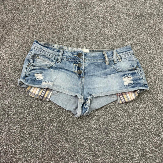 Y2K vintage low rise micro mini shorts hot pants distressed light blue wash