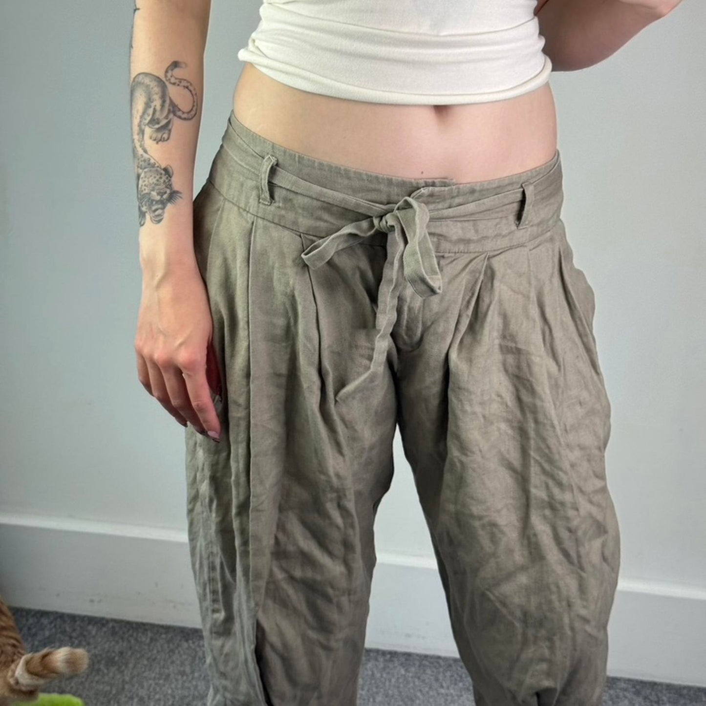 Y2K vintage linen low rise baggy tailored shorts tie bow belt pleated mid calf