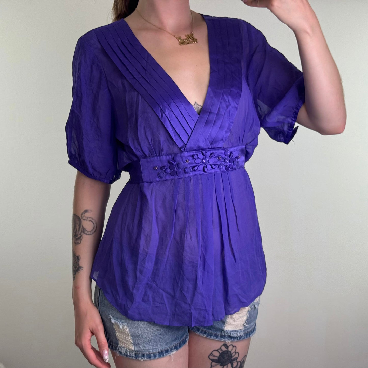 Y2K vintage silk flowy sheer blouse short sleeve v neck floral beaded tie bow