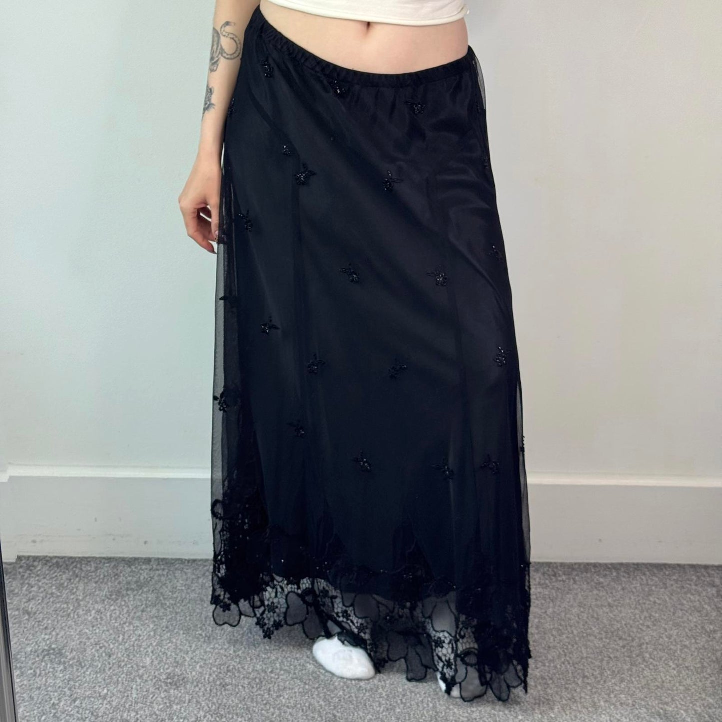 Y2K vintage mesh overlay floral maxi skirt floral embroidered hem stretchy waist