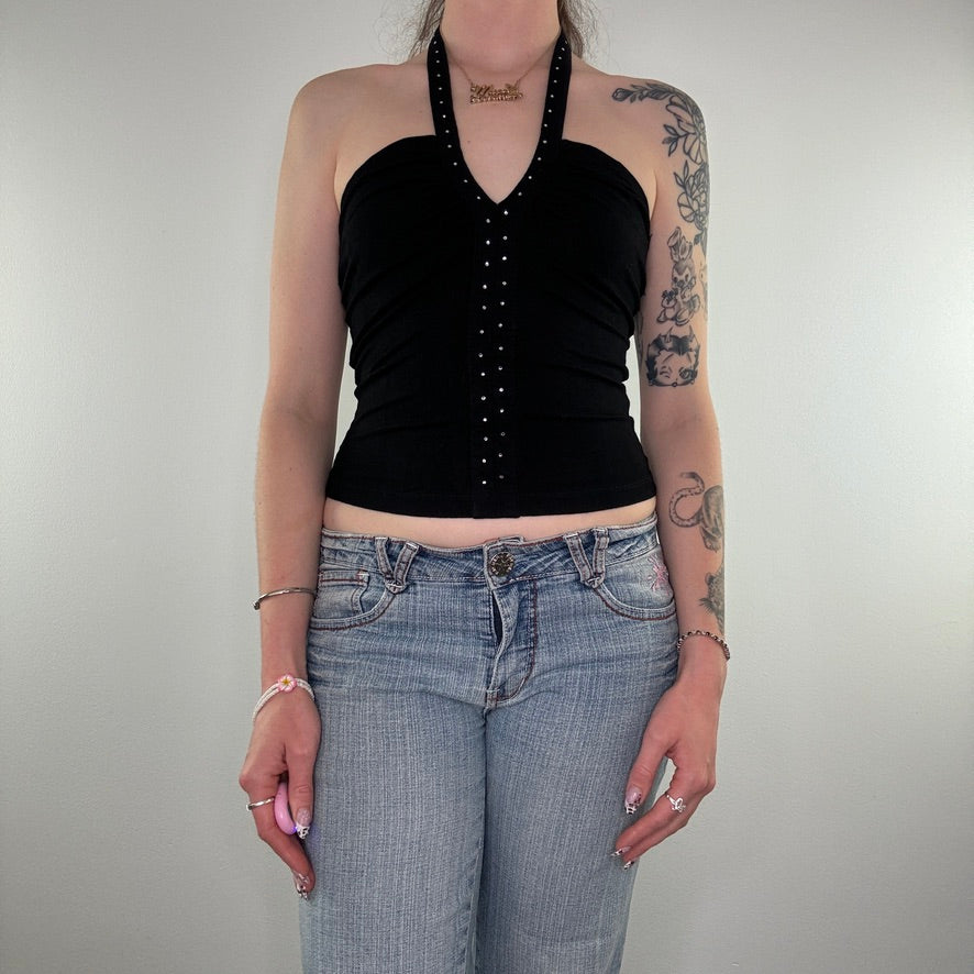 Y2K rhinestone ruched halter top