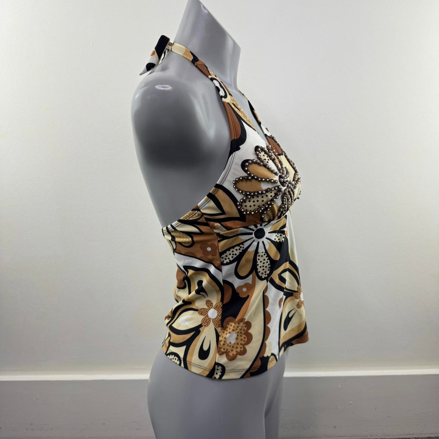 Y2K vintage halter neck swimwear top v neck padded bust beaded floral pattern