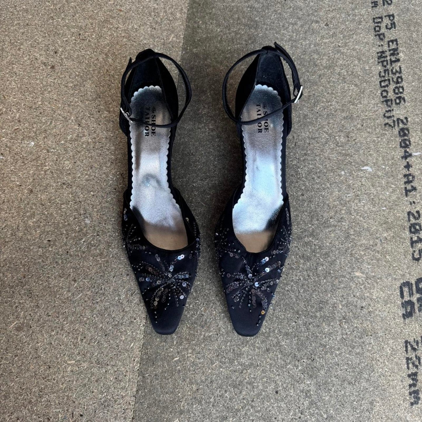 Y2K vintage kitten heel beaded embellished sequin ankle strap pointed toe satin