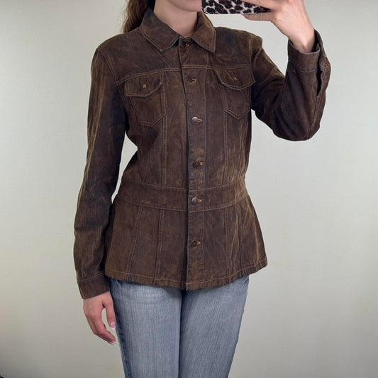 Y2K vintage faux suede button up jacket faded denim distressed waist A shape
