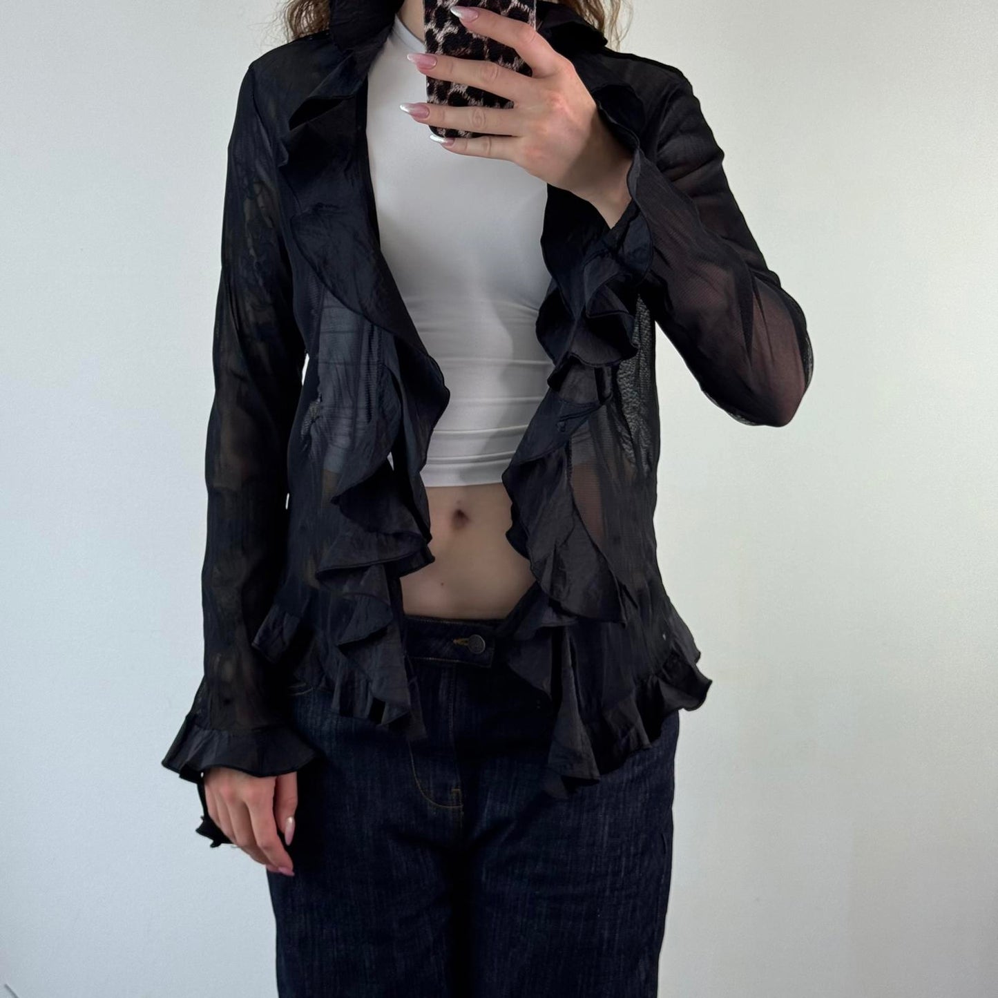 Y2K vintage sheer ruffle cardigan button up flare bell sleeve black v neck