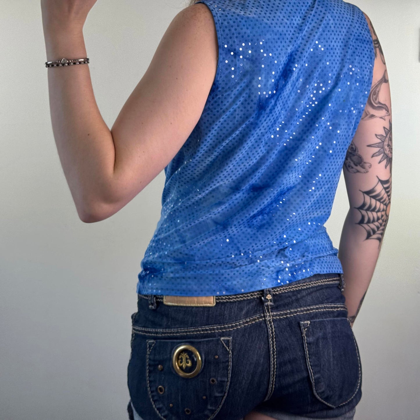 Y2K vintage cowl neck slinky tank top stretchy fitted shimmer blue tie dye