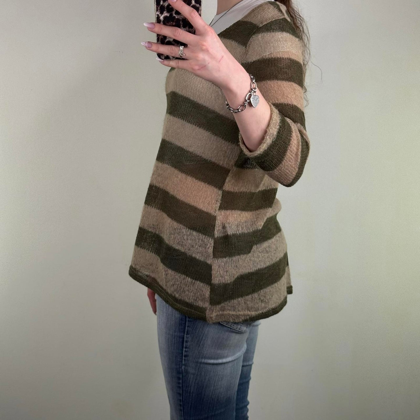 Y2K vintage fine knit stripe 3/4 sleeve top round neckline khaki sheer knitted