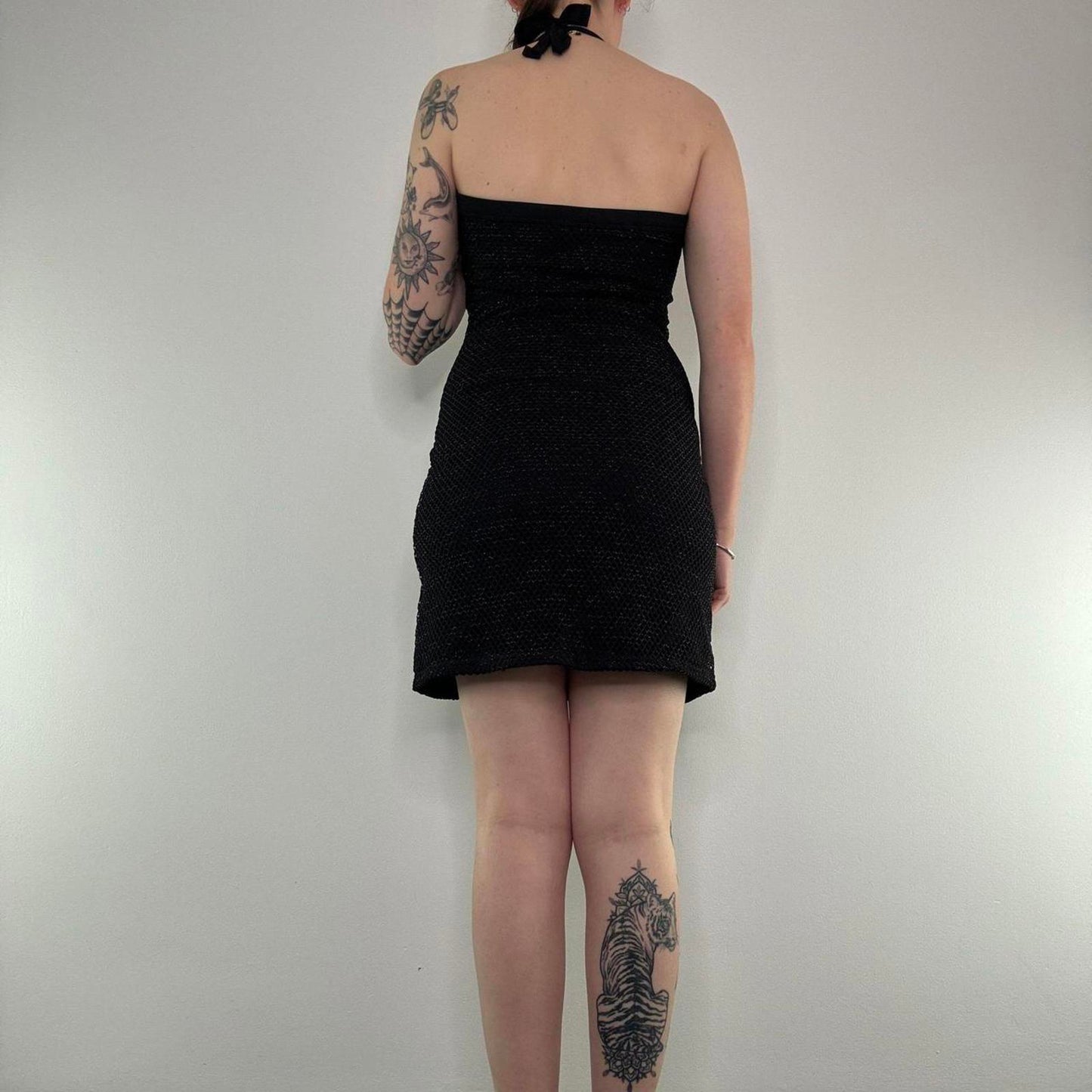 Y2K vintage stretchy sparkly halter neck netted mini dress fishnet glittery