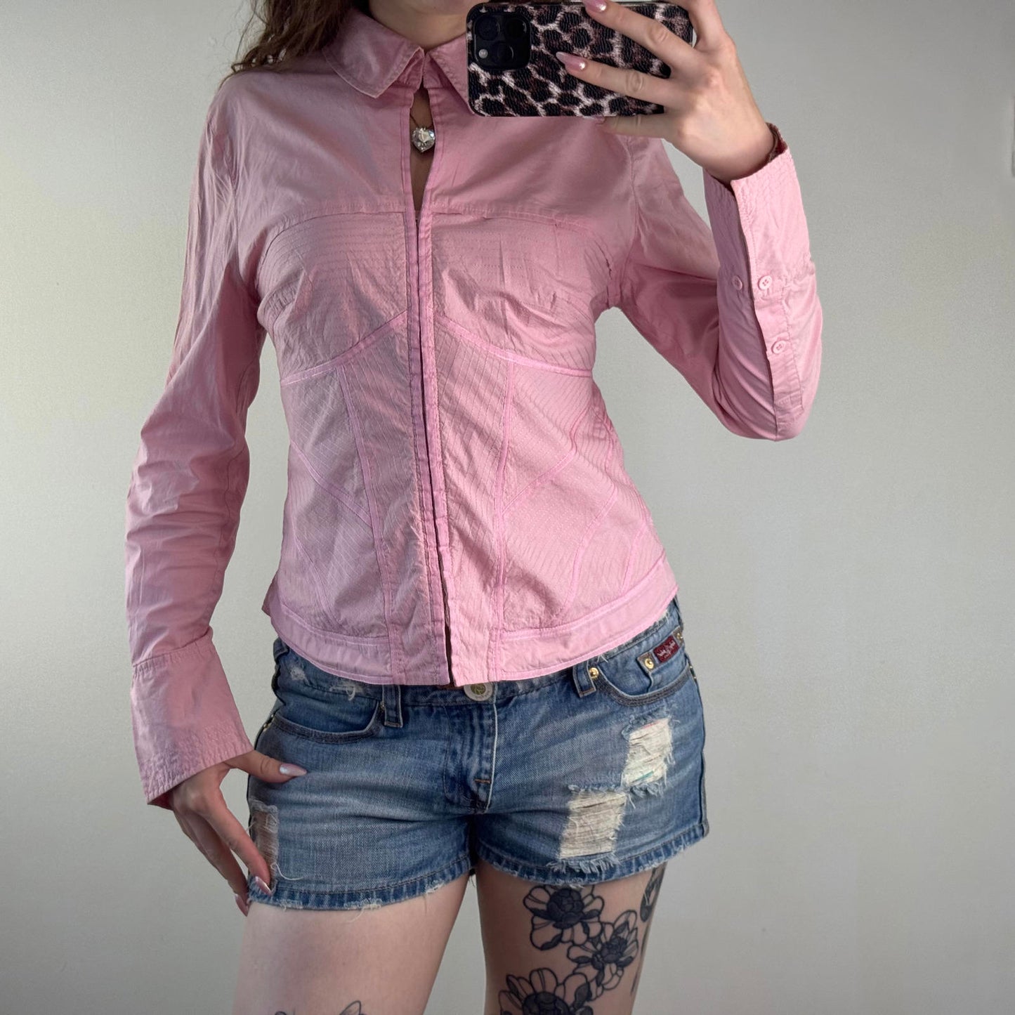 Y2K vintage stretchy hook and eye shirt long sleeve keyhole structured stitching