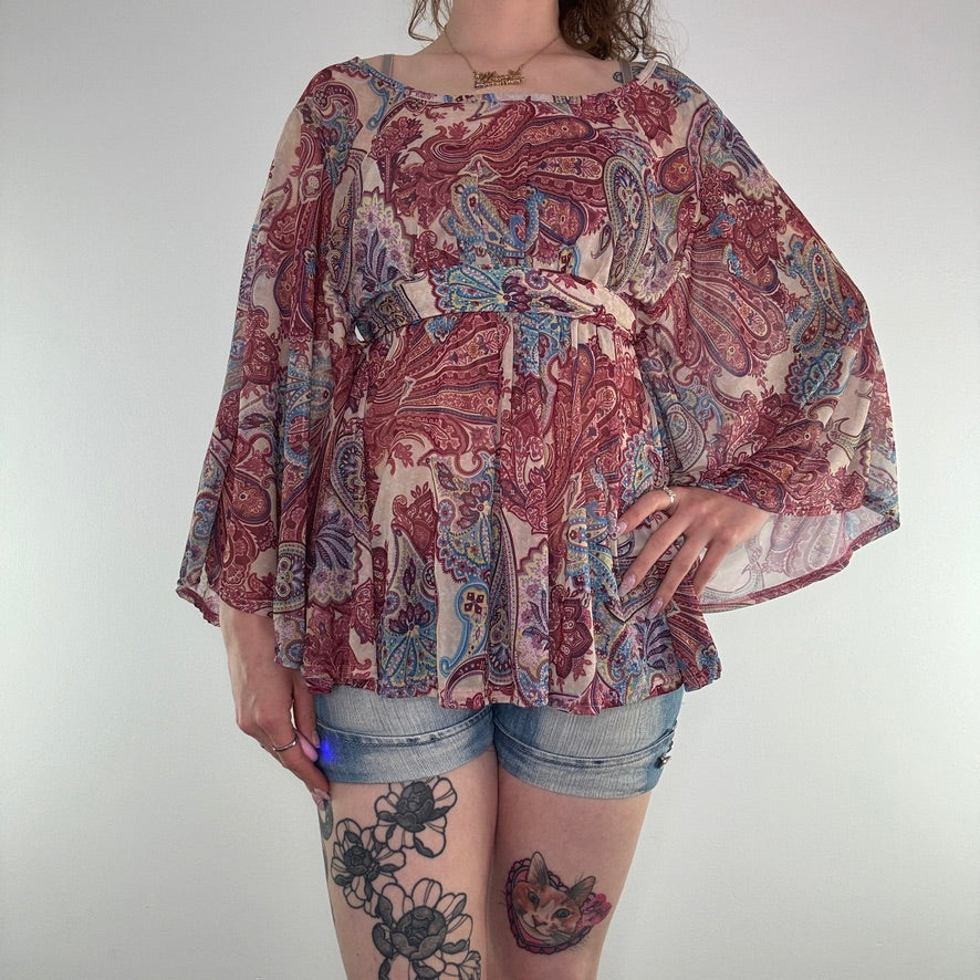 Y2K mesh paisley boho bow floaty top