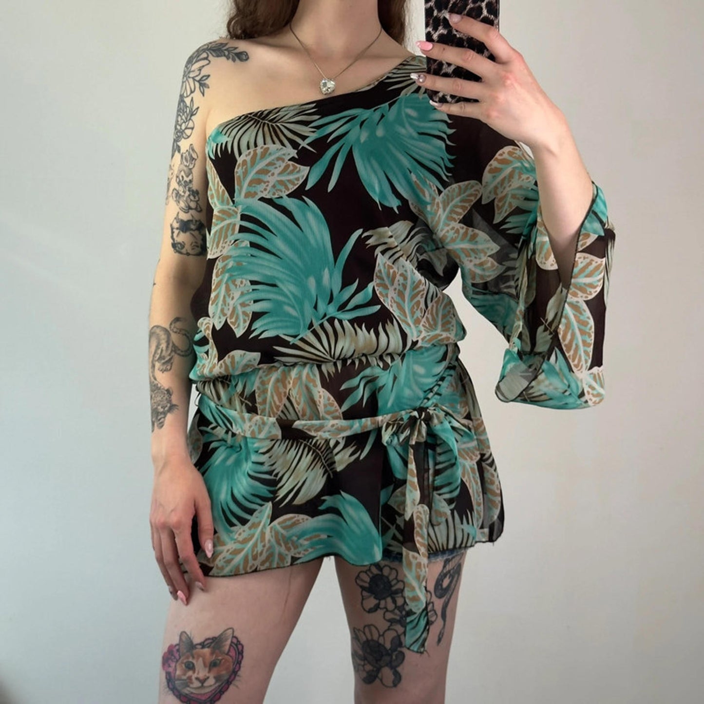 Y2k vintage flowy one shoulder summer long top palm tree summer flare sleeve