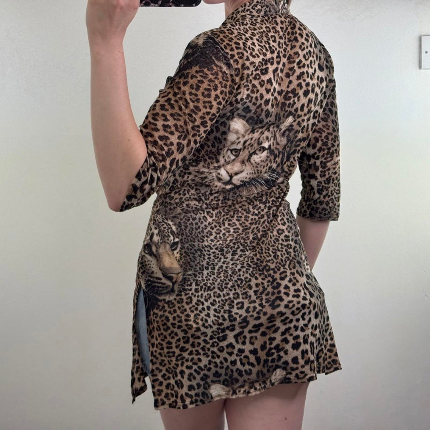 Y2K vintage mesh leopard print button up half sleeve cardigan long length v neck