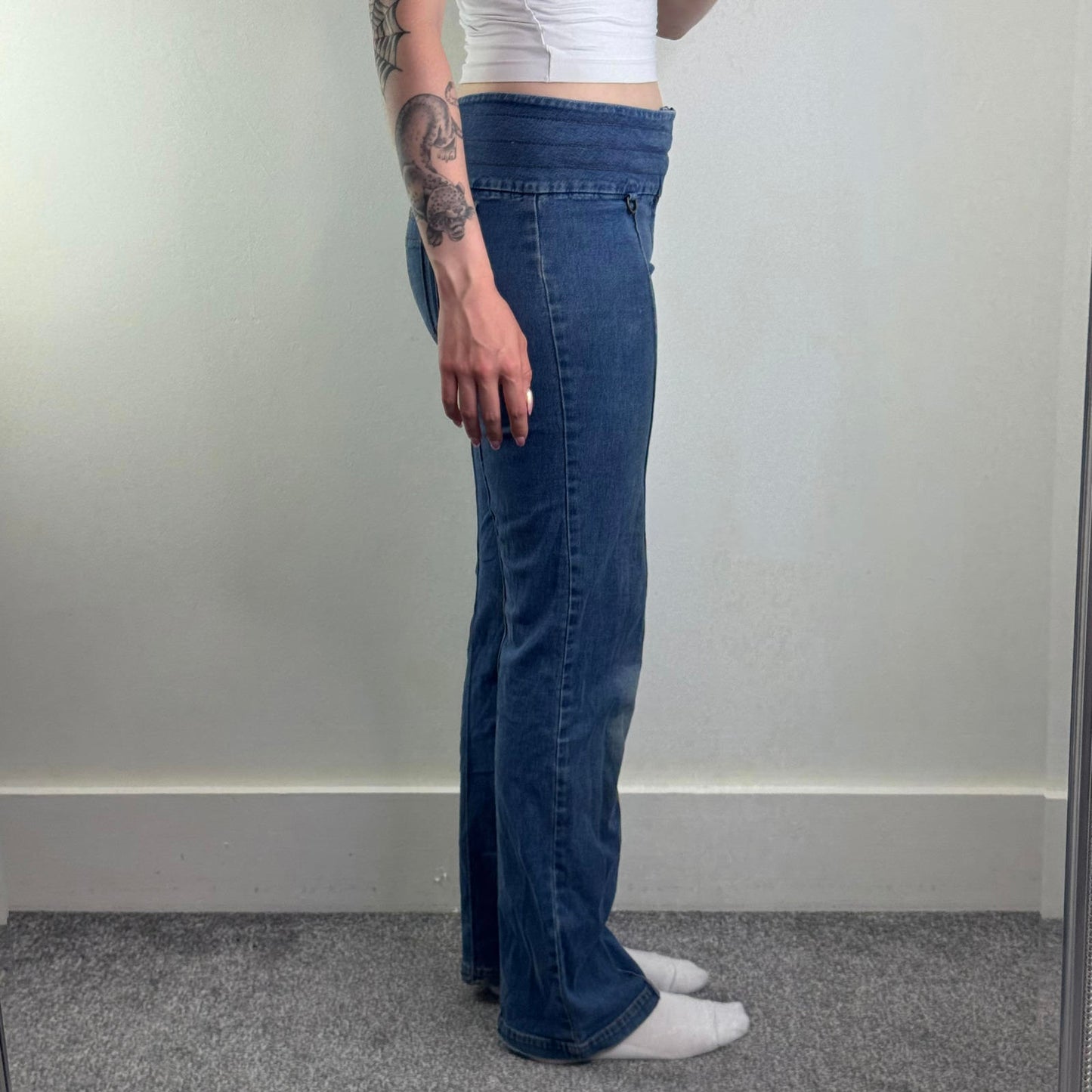 Y2K vintage mid rise stretchy denim bootcut jeans popper button contrast stitch
