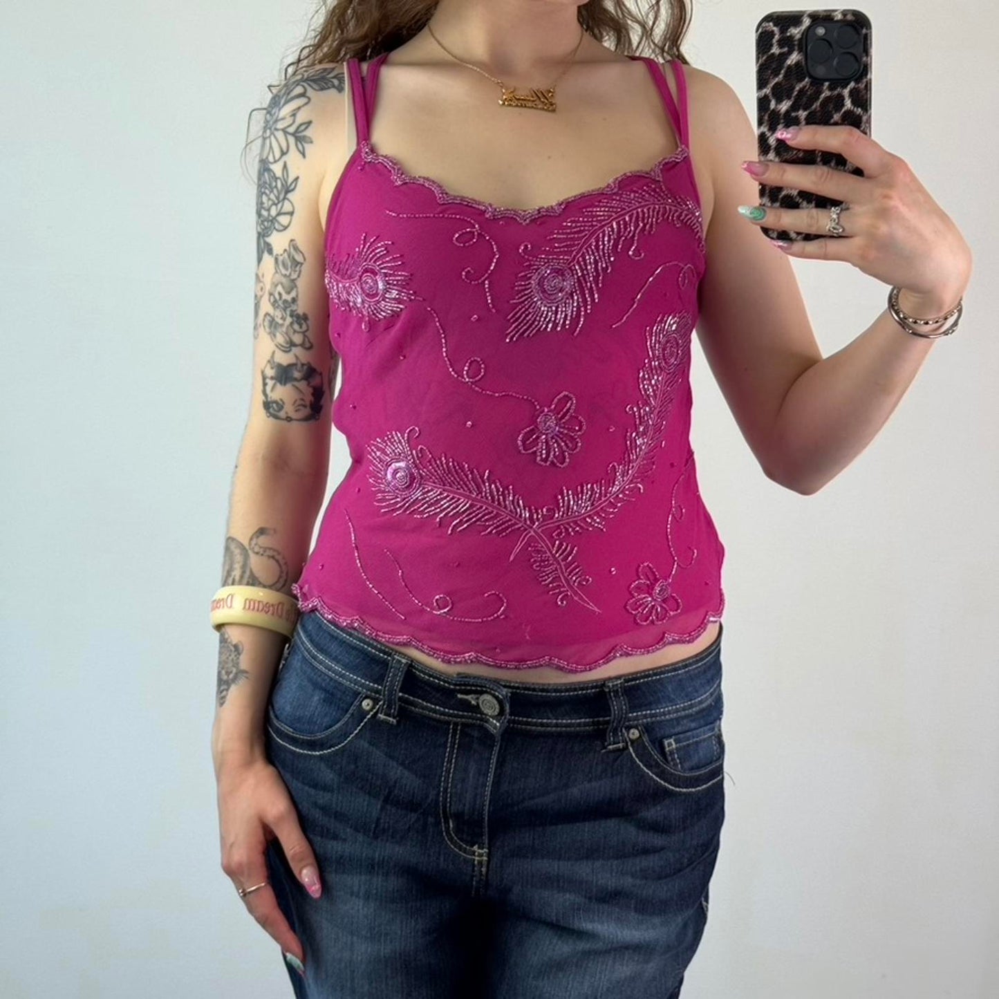 Y2K vintage Bay embellished strappy top floral feather racerback beaded pink