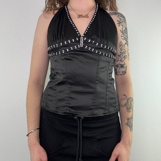 Y2K rhinestone boned satin halter neck top