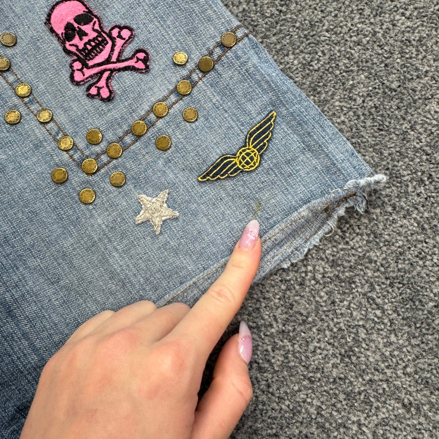 Y2K low rise skull patches studded denim mini skirt