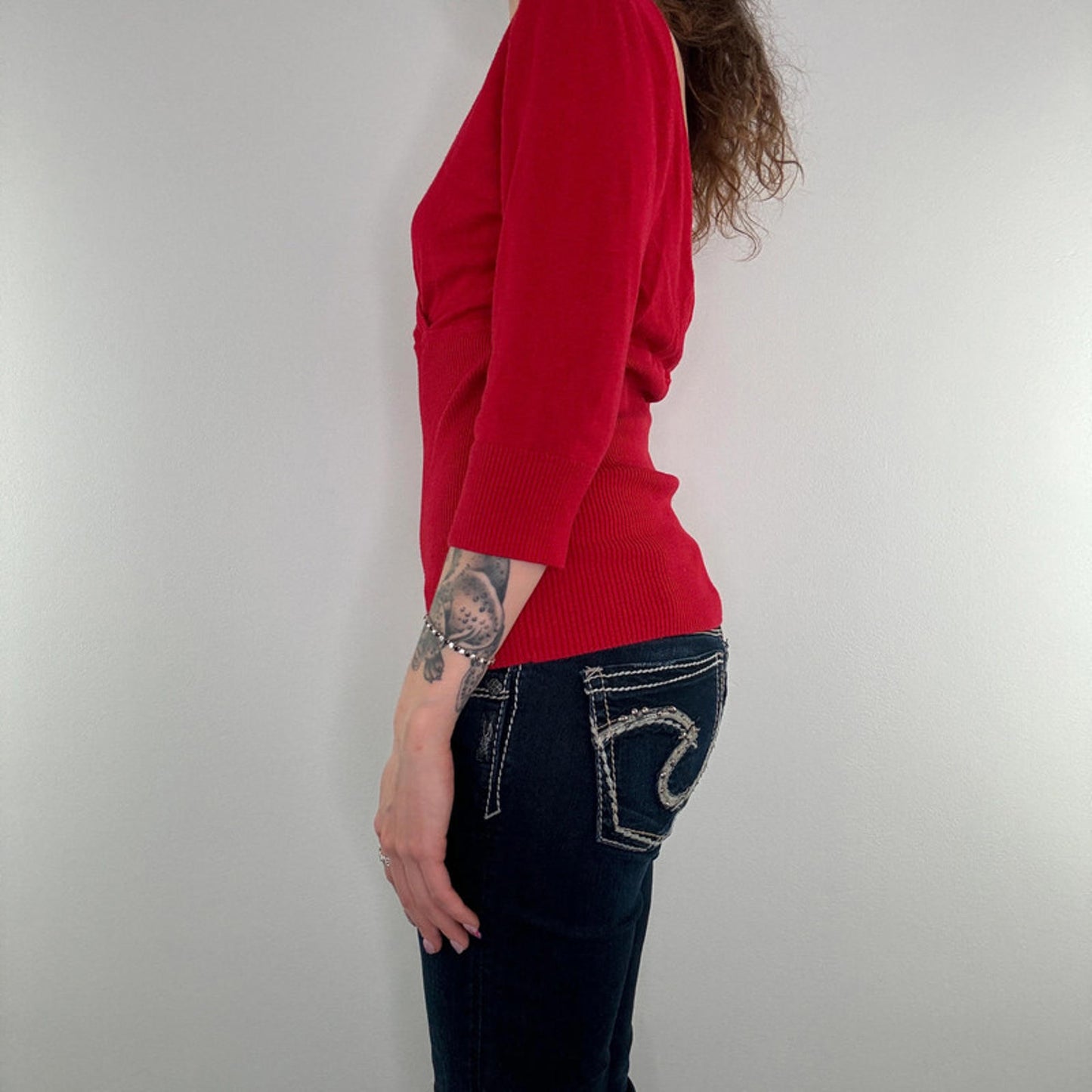 Y2K vintage Bay 3/4 sleeve fine knit jumper open back bow v neck stretchy