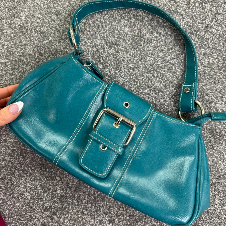 Y2K vintage blue faux leather buckle o ring mini shoulder bag