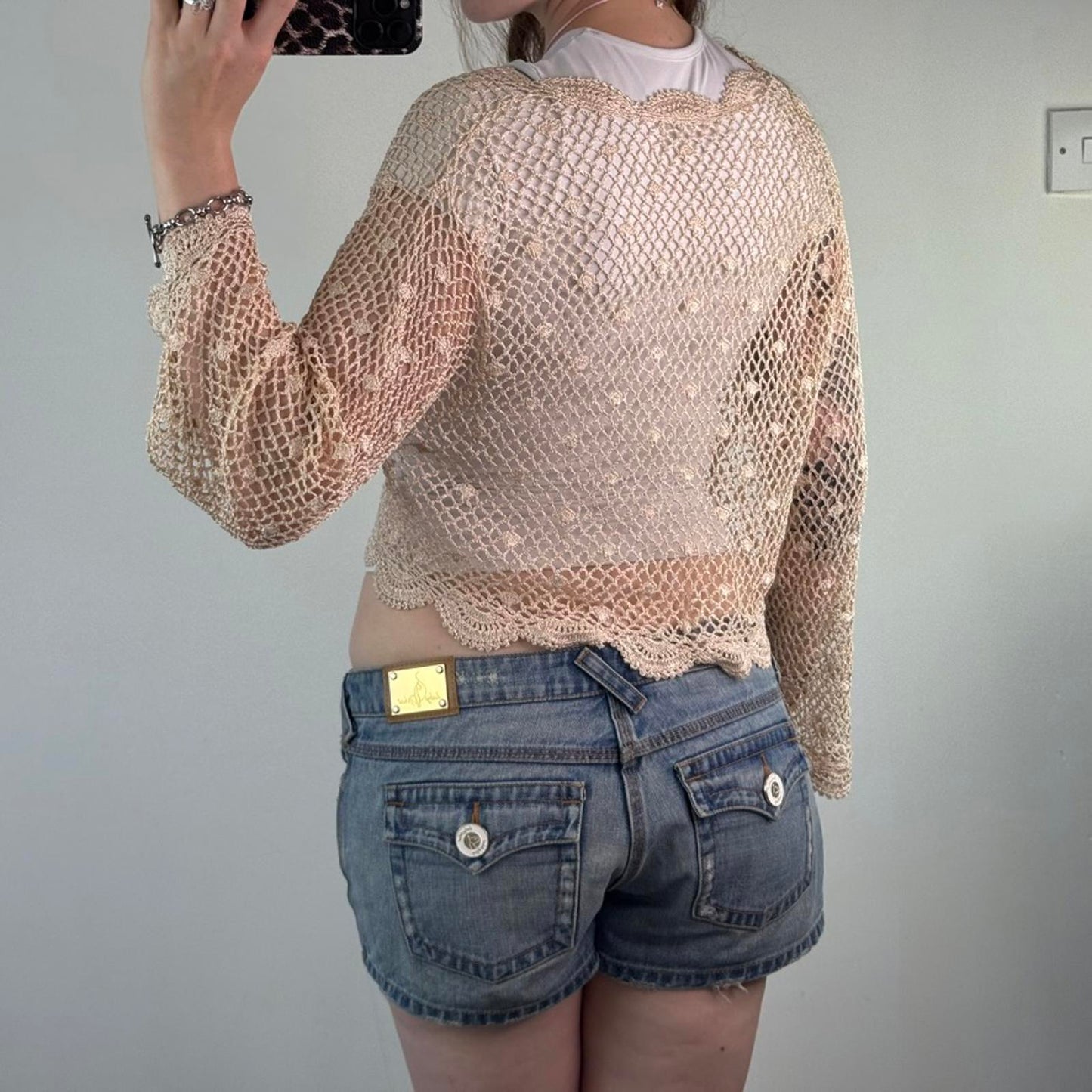 Y2K vintage sparkly knit crochet long flare sleeve cardigan scallop hem cream