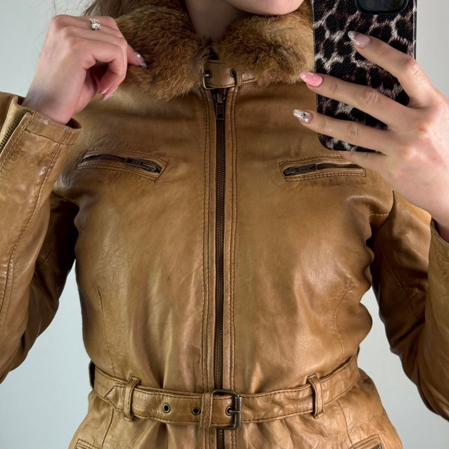 Y2K vintage genuine leather real fur trim collar zip up fitted jacket