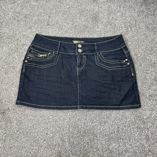 Y2K vintage low rise denim mini skirt dark blue navy wash gold stretchy