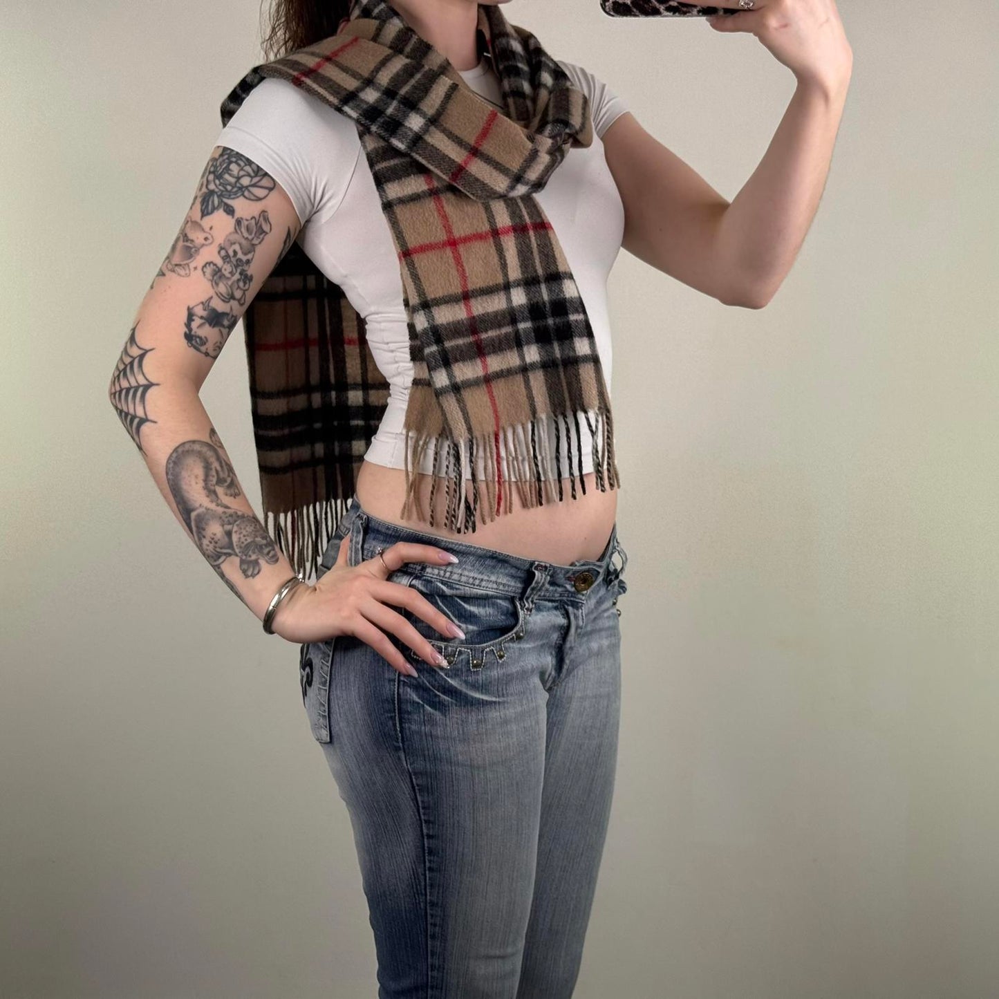 Y2K vintage nova check scarf wool blend unisex fringe