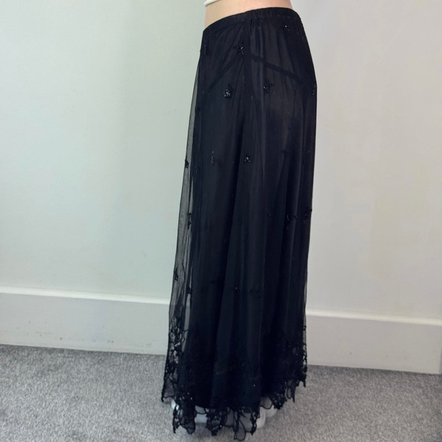 Y2K vintage mesh overlay floral maxi skirt floral embroidered hem stretchy waist