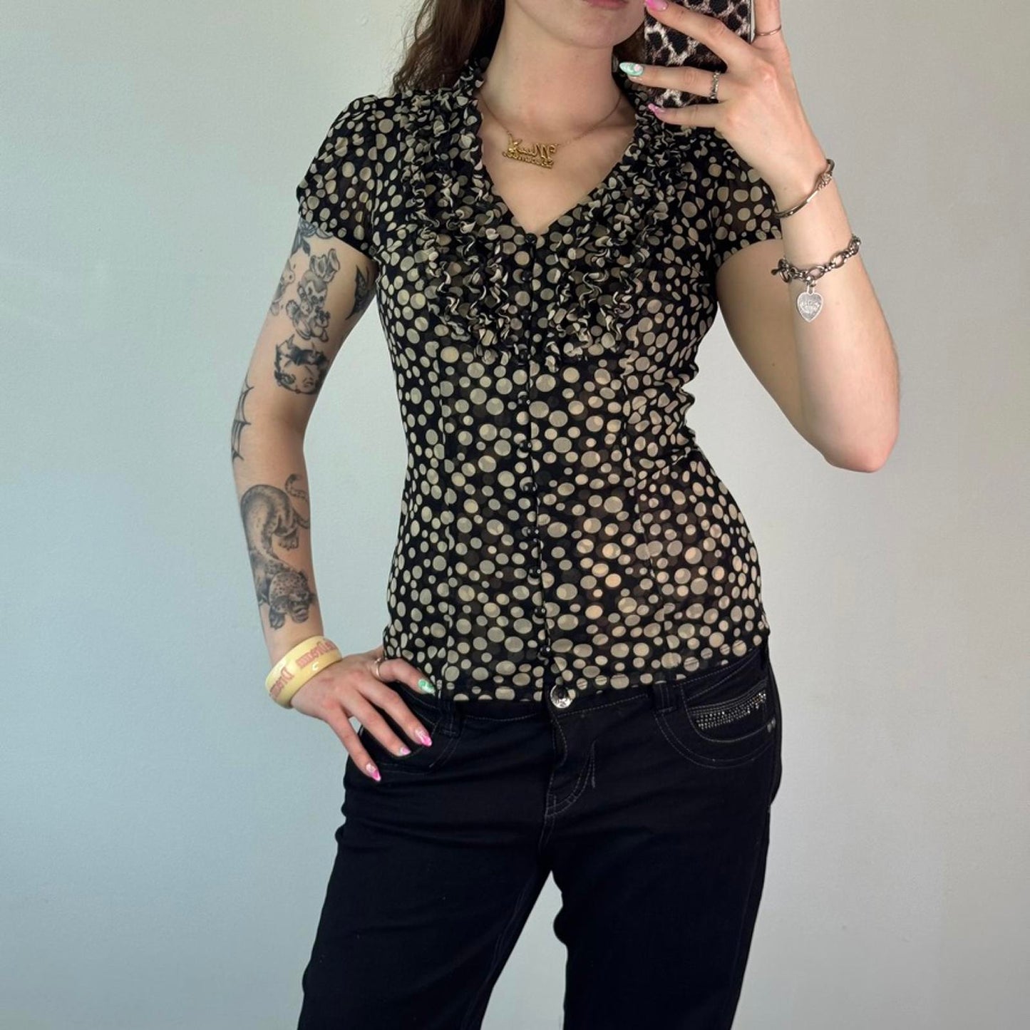 Y2K vintage polka dot spotty double mesh puff short sleeve top v neck frilly