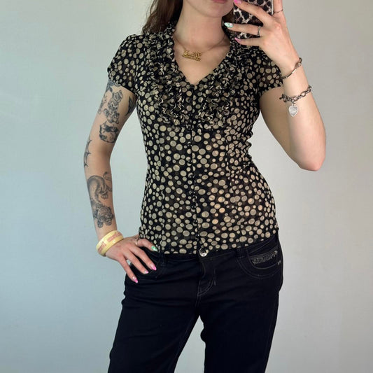 Y2K vintage polka dot spotty double mesh puff short sleeve top v neck frilly